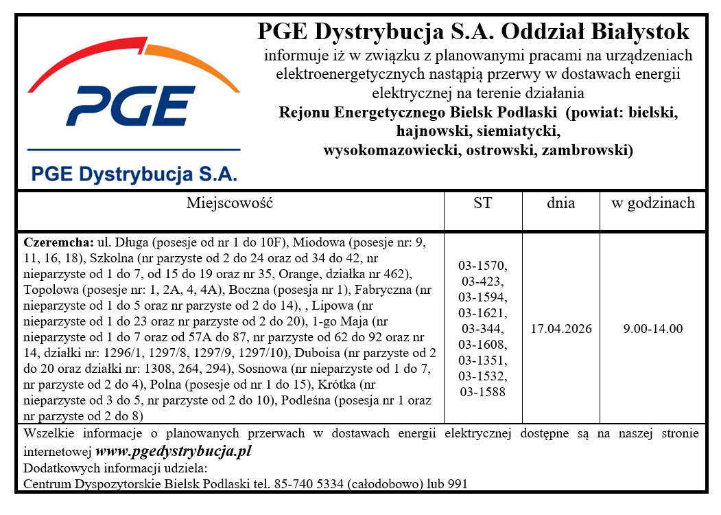 Przerwa w dostawie energii elektrycznej 17.04.2026r.