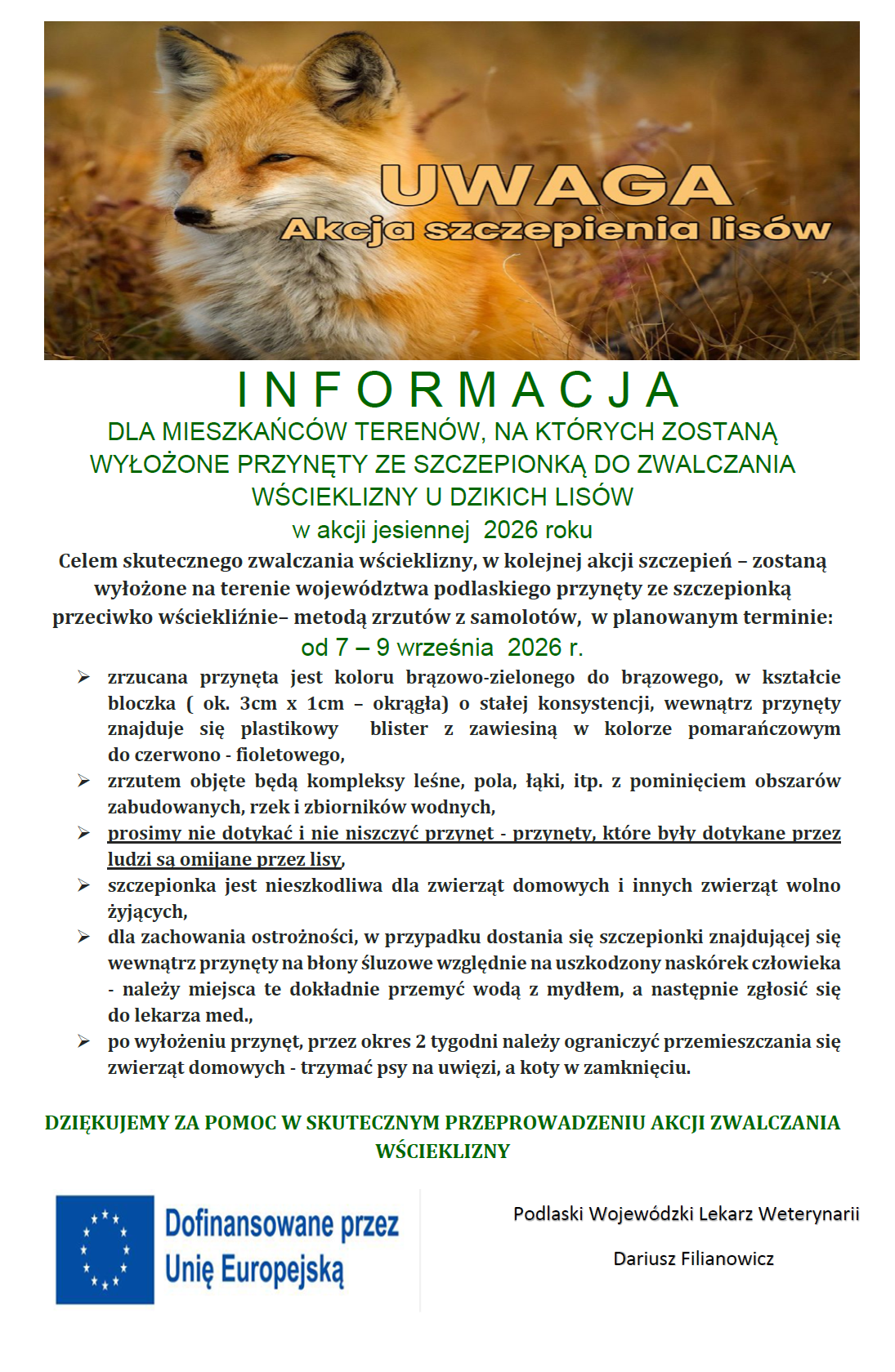 Informacja o szczepieniu lisów wolno żyjących w akcji jesiennej 2026 roku